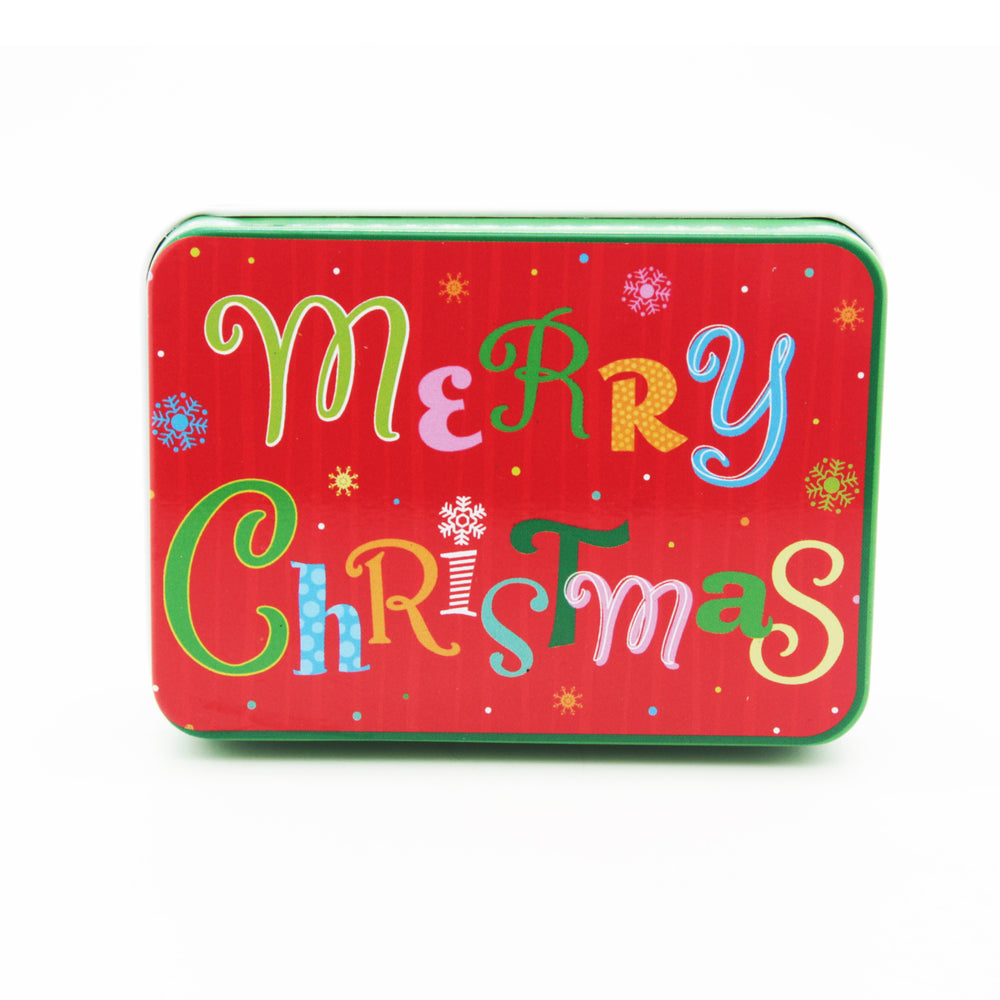 Christmas C.D Tin Box(9*6.5*2.8CM) featuring a vibrant Merry Christmas design on a festive red background.