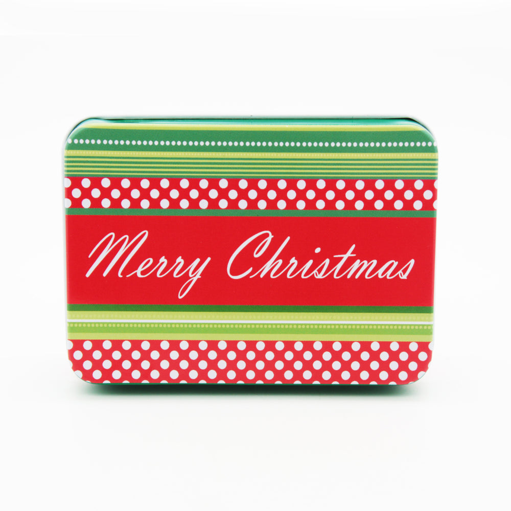 Christmas C.D Tin Box(9*6.5*2.8CM) featuring a festive red and green design with a "Merry Christmas" message.