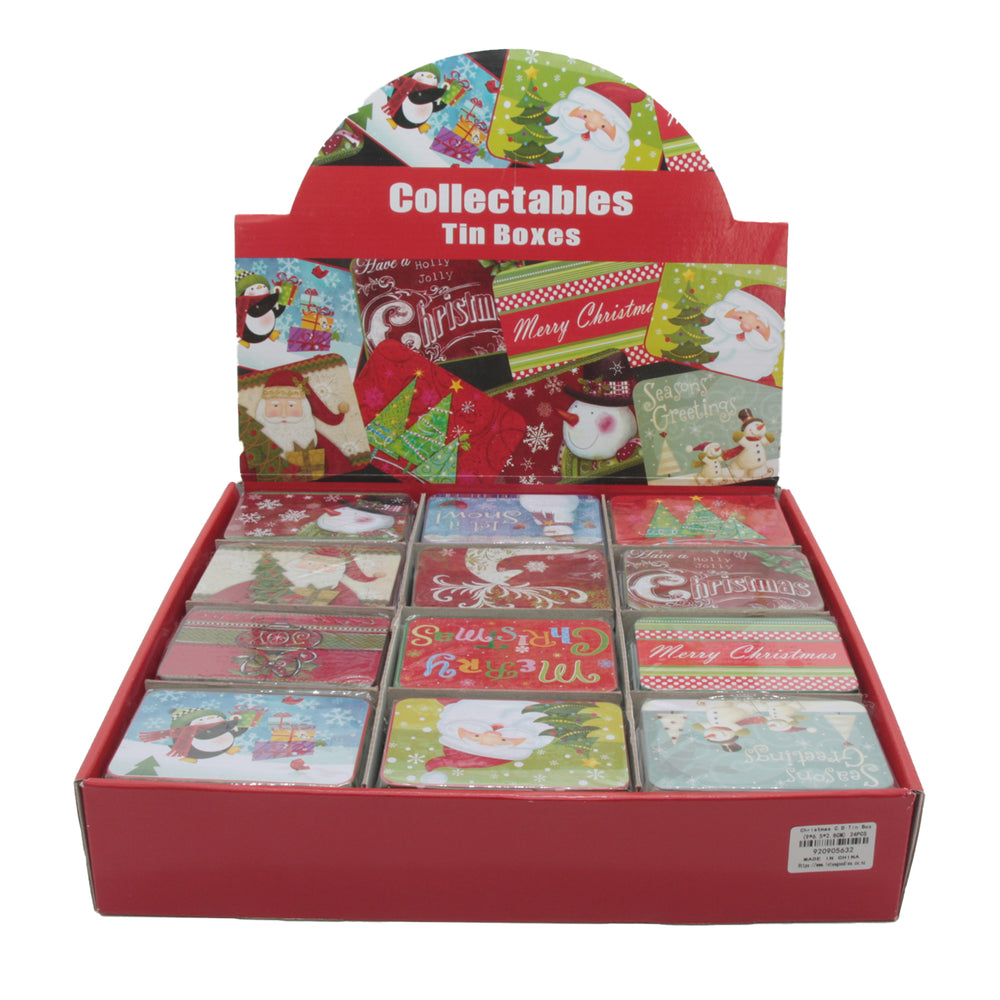 Colorful display of Christmas C.D Tin Box(9*6.5*2.8CM) collectables in festive packaging.