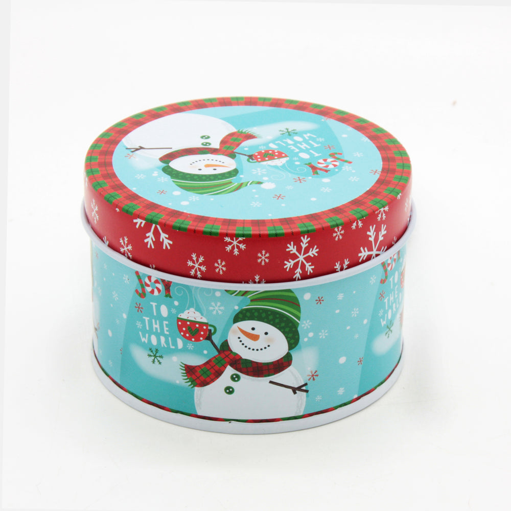 Christmas RD Tin Box(7.5*5CM) featuring a cheerful snowman design with festive colors and decorations.