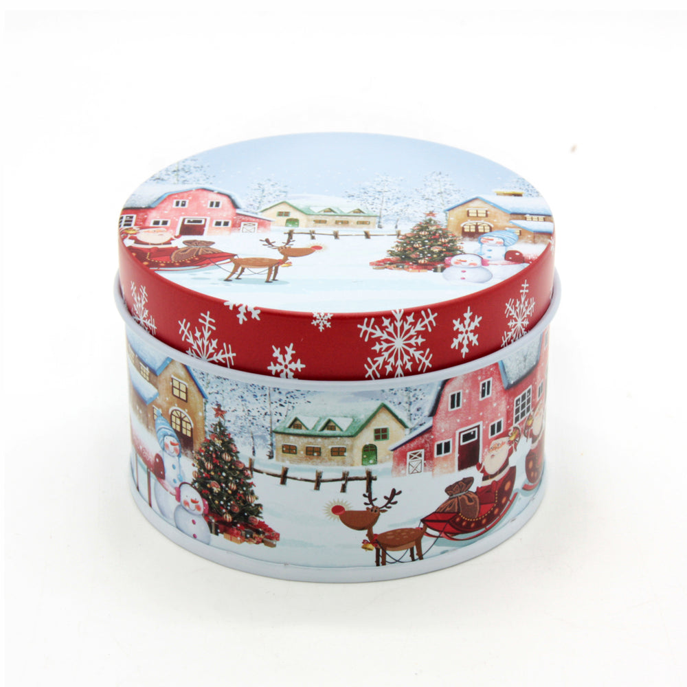 Christmas RD Tin Box(7.5*5CM) with festive winter scenery and holiday designs on the lid.