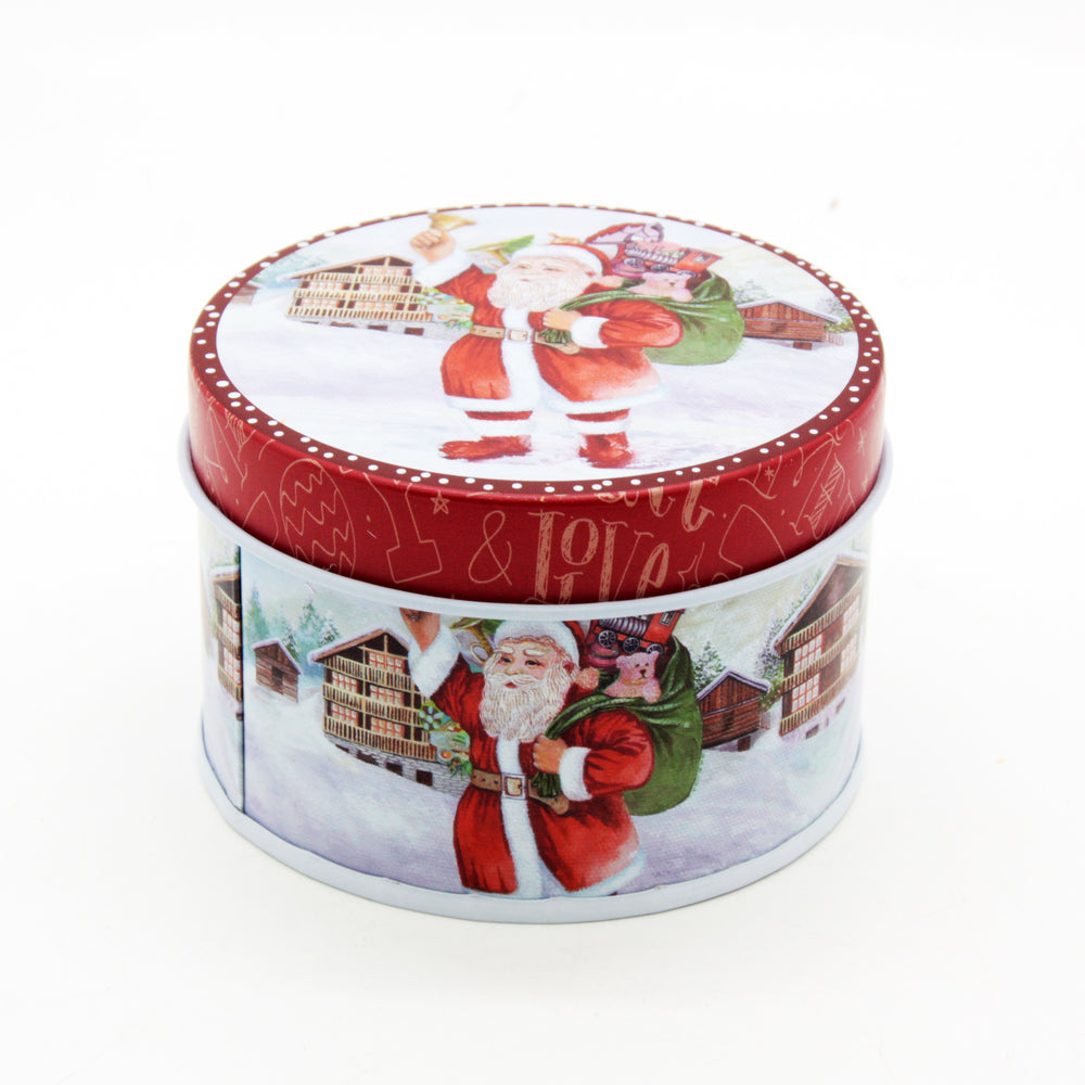 Christmas RD Tin Box(7.5*5CM) featuring Santa Claus with gifts, perfect for holiday gifting and decorations.
