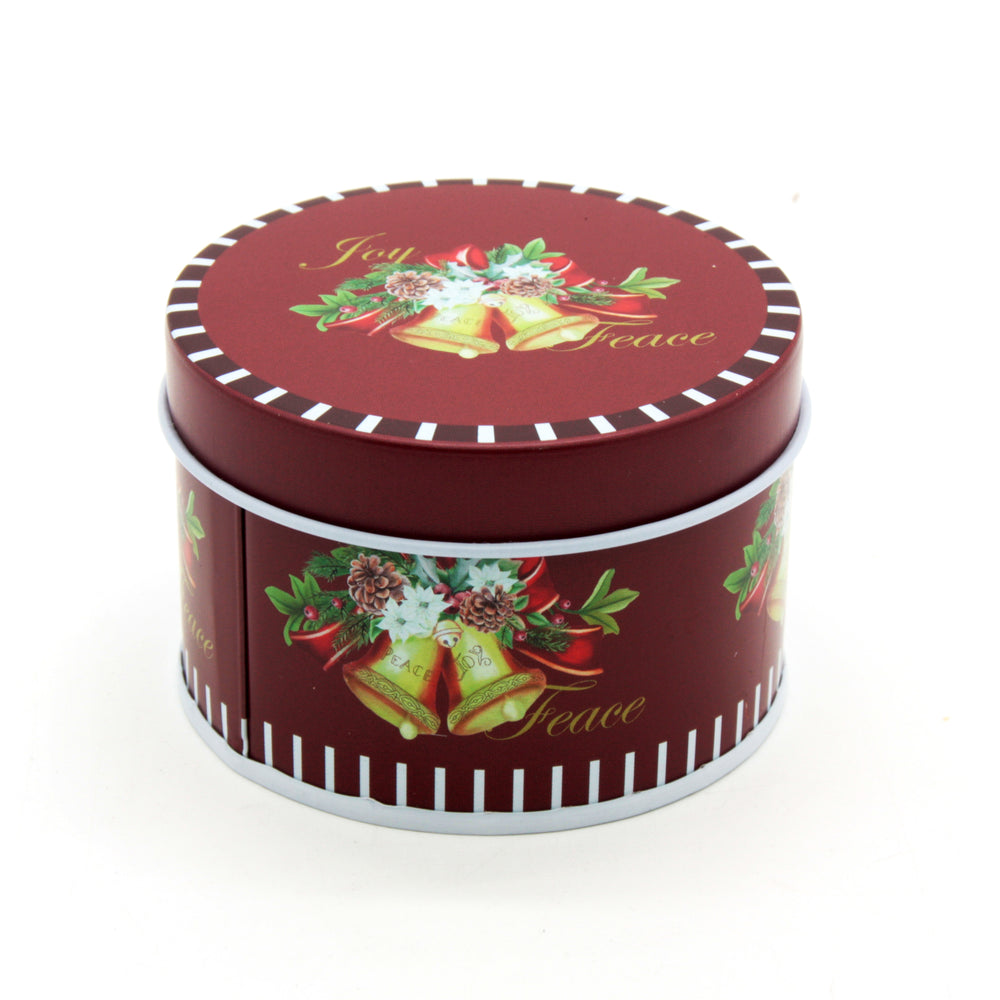 Christmas RD Tin Box(7.5*5CM) with a festive design featuring bells, flowers and the word Peace.