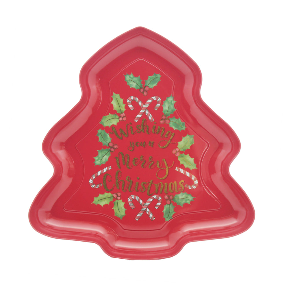 Christmas Tin Tree Plate(25.8*25CM) with festive design and candy canes for holiday celebrations.