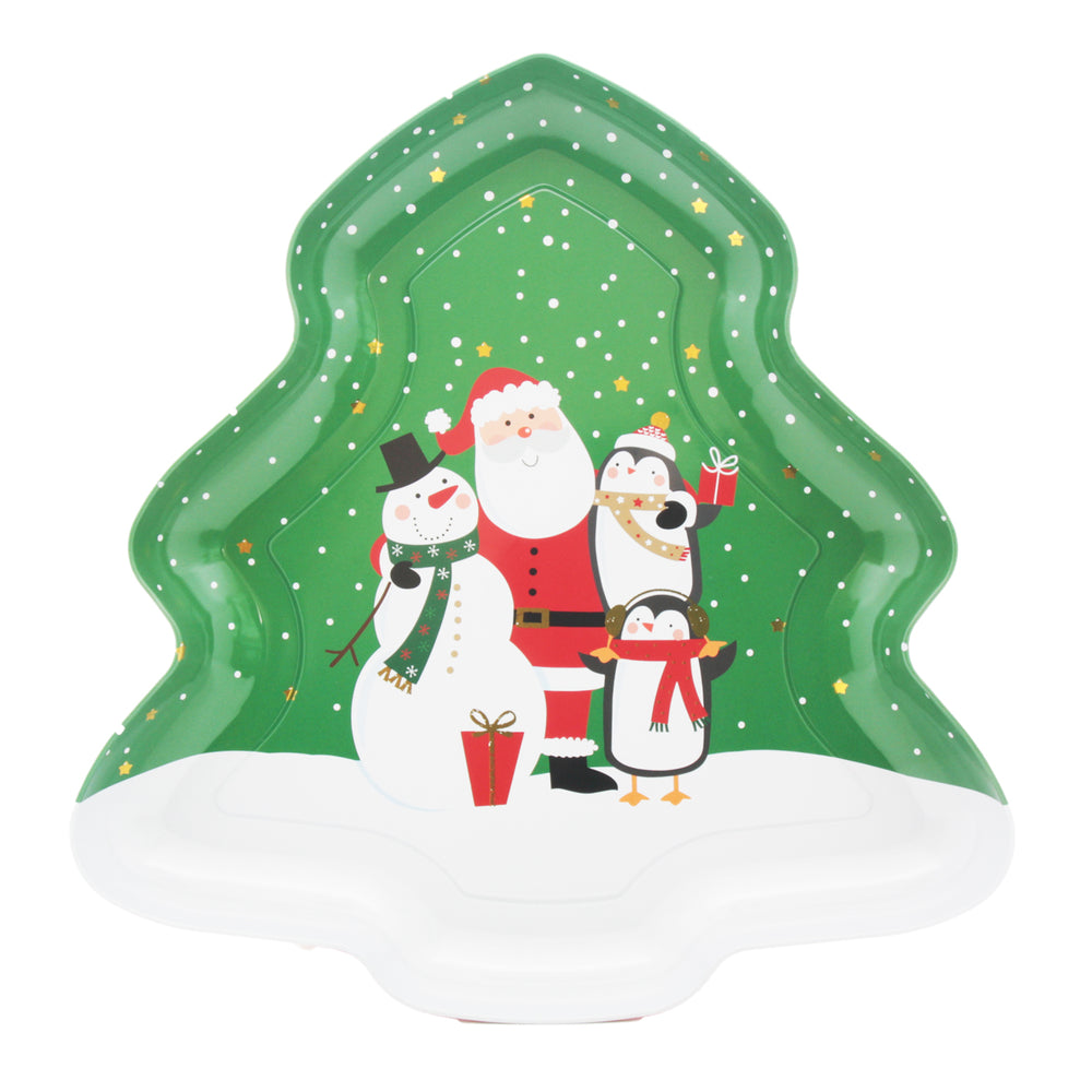 Christmas Tin Tree Plate(25.8*25CM) featuring festive characters in a vibrant tree-shaped design.