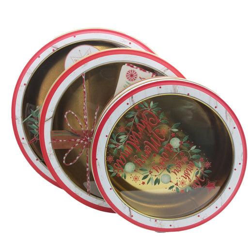 3PCS Round TL Christmas Tin Box Set featuring festive designs and gold interiors for holiday gifting.
