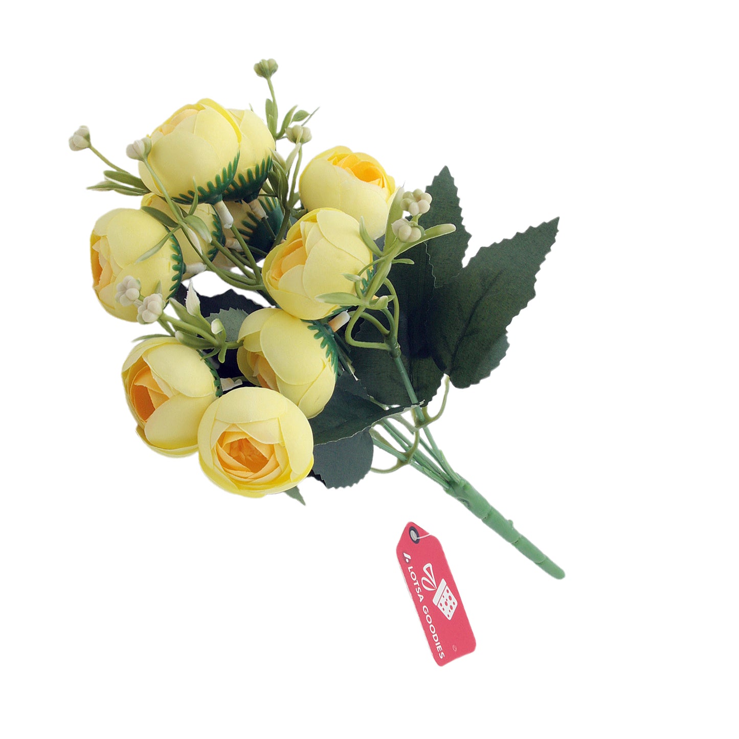 Artificial Peony Bouquet featuring vibrant yellow flowers and lush green leaves.