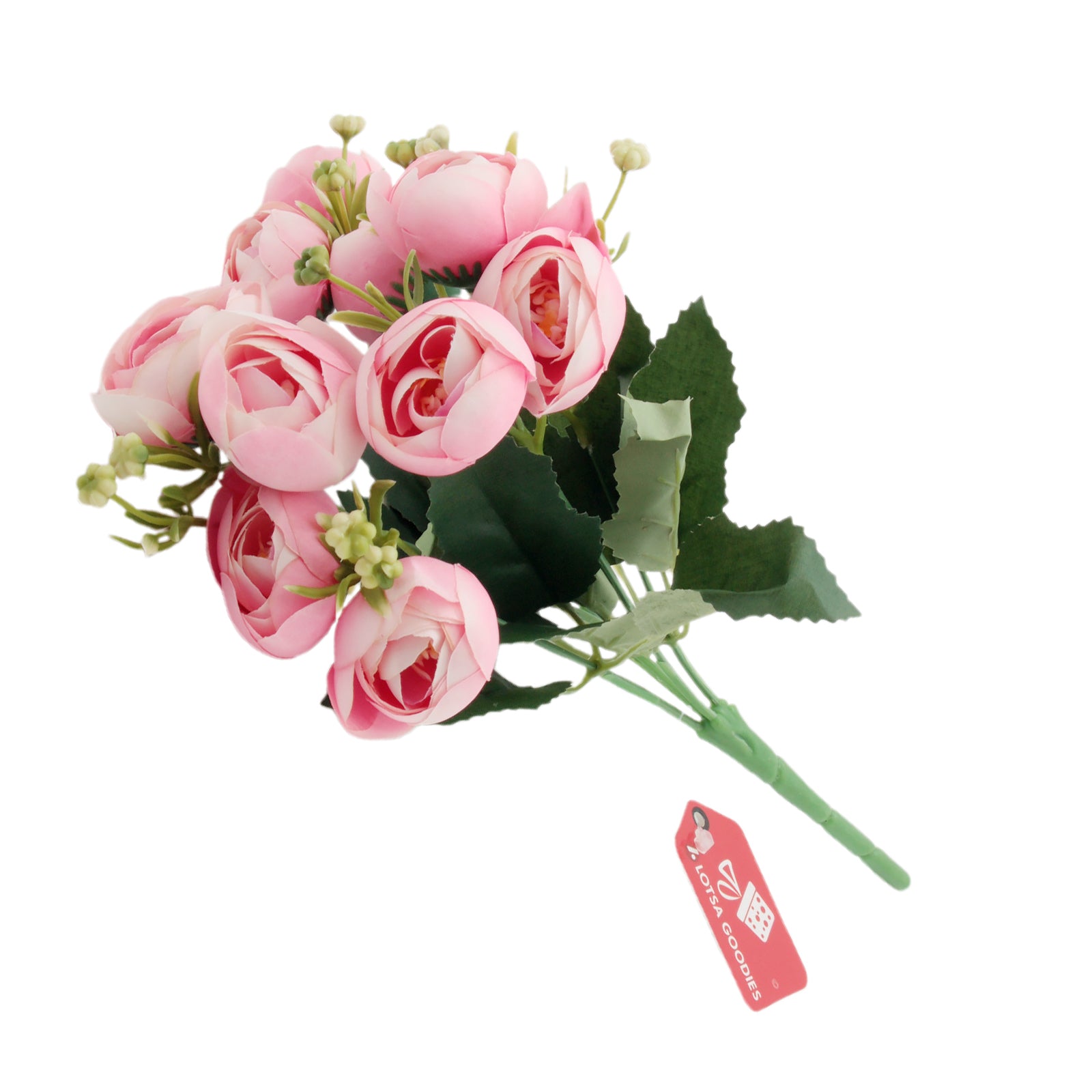 Artificial Peony Bouquet featuring pink flowers and green leaves, perfect for home decor or gifts.