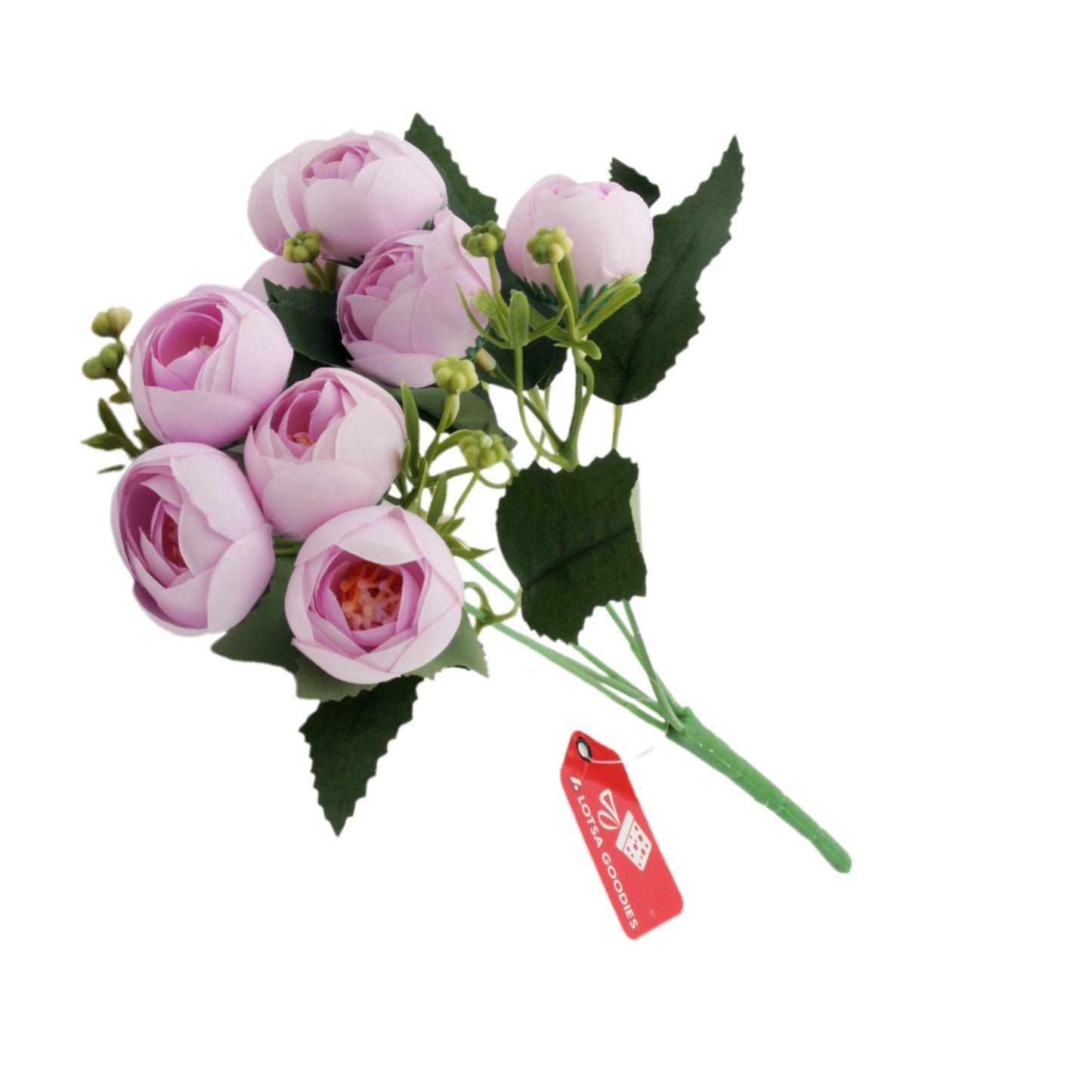 Artificial Peony Bouquet with light pink flowers and green leaves for home decor.