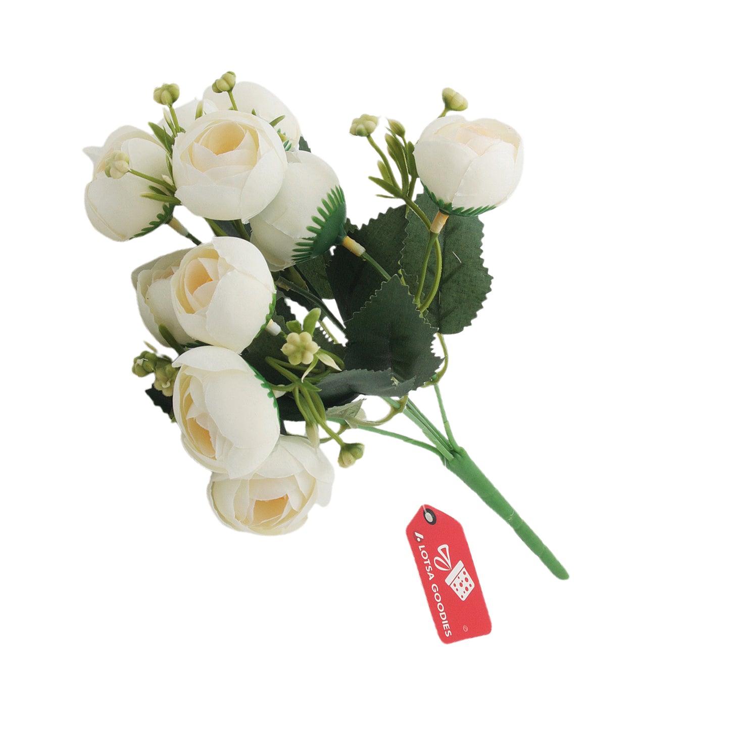 Artificial Peony Bouquet featuring realistic white blooms and green leaves, perfect for home decor and gifts.
