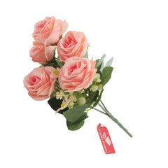 Faux Rose Bouquet featuring four soft pink roses with green foliage, perfect for home or event decor.