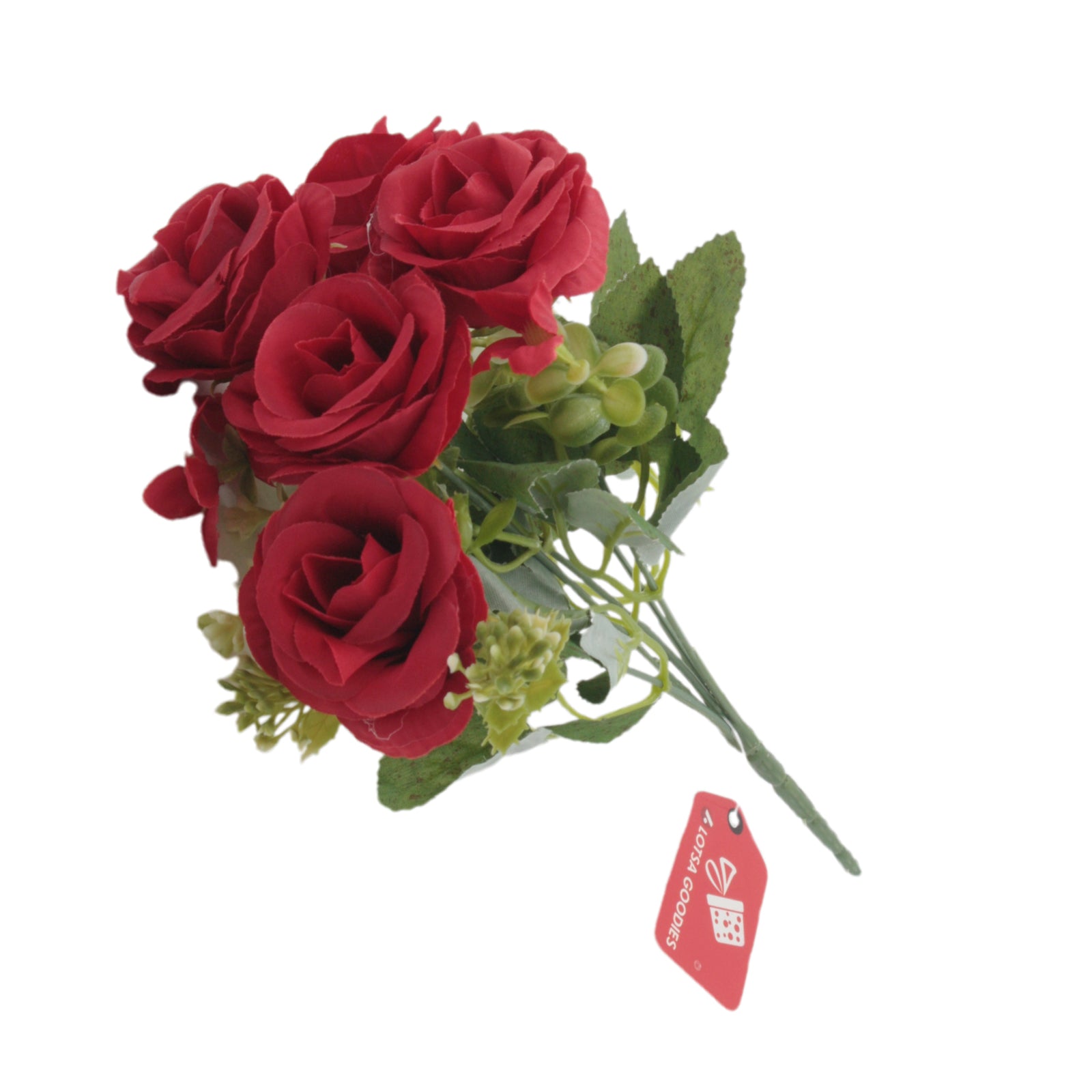Faux Rose Bouquet with red roses and green foliage for home decor and arrangements.