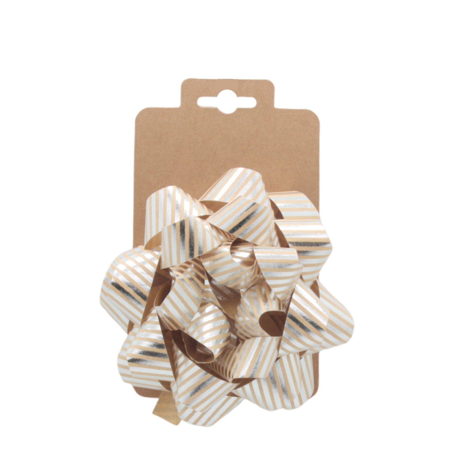 Striped Gift Bows(12CM) in gold and white on a packaging card, perfect for present decoration.