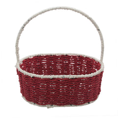Paper Rope & Iron Frame Basket L(32*24*12CM/NC18-40) in red and white with a handle for decorative storage.