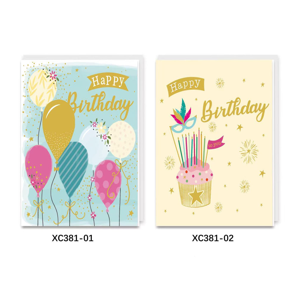 Two birthday cards with balloons and a cake design on a white background.