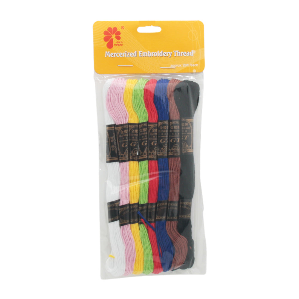 Embroidery Thread Set – 8 Colors Mercerized Cotton Floss for Sewing & Crafts (8M) in packaging with assorted colors.