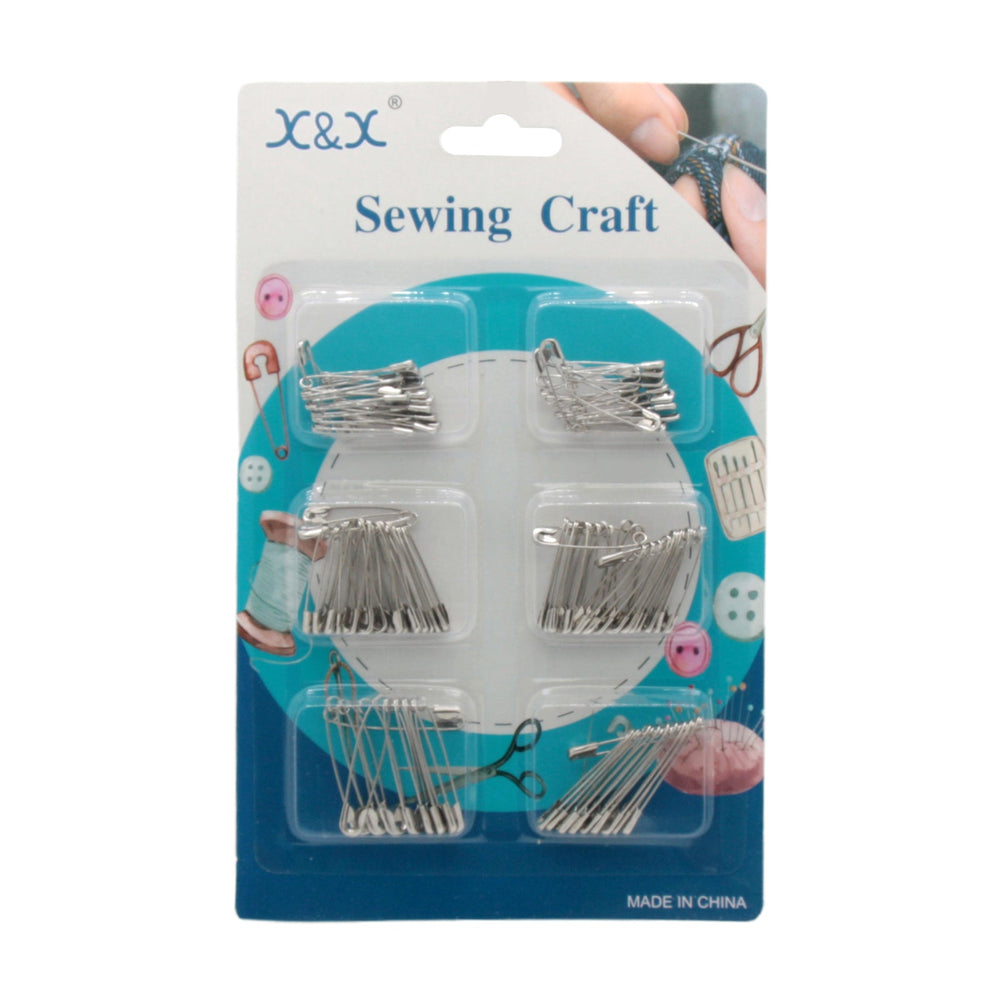 Nickel-Plated Safety Pins in a sewing craft packaging, featuring various sizes for versatile use.