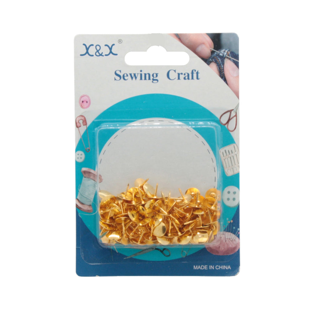 Gold Push Pins in a package, ideal for sewing and crafting projects.