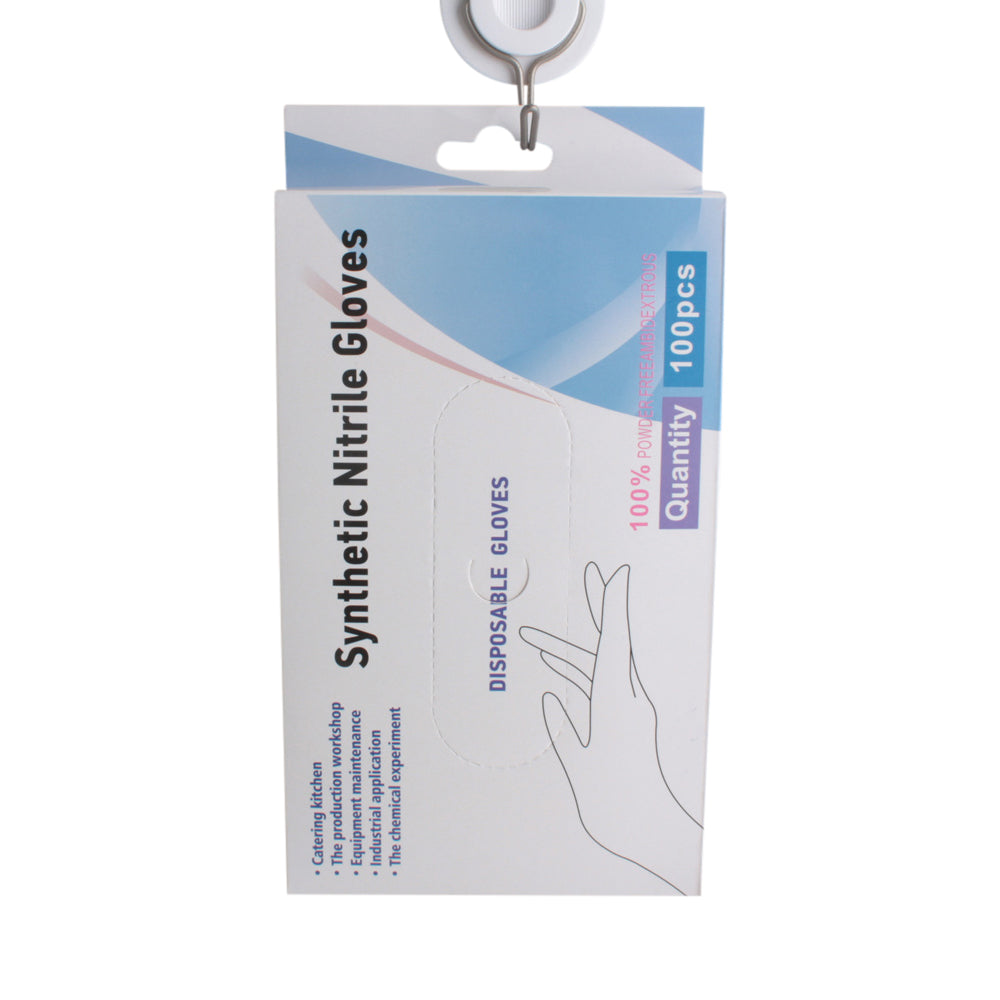 Synthetic Nitrile Gloves packaging showing 100 pcs with clear labeling and instructions for disposable use.