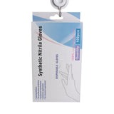 Synthetic Nitrile Gloves packaging showing 100 pcs with clear labeling and instructions for disposable use.