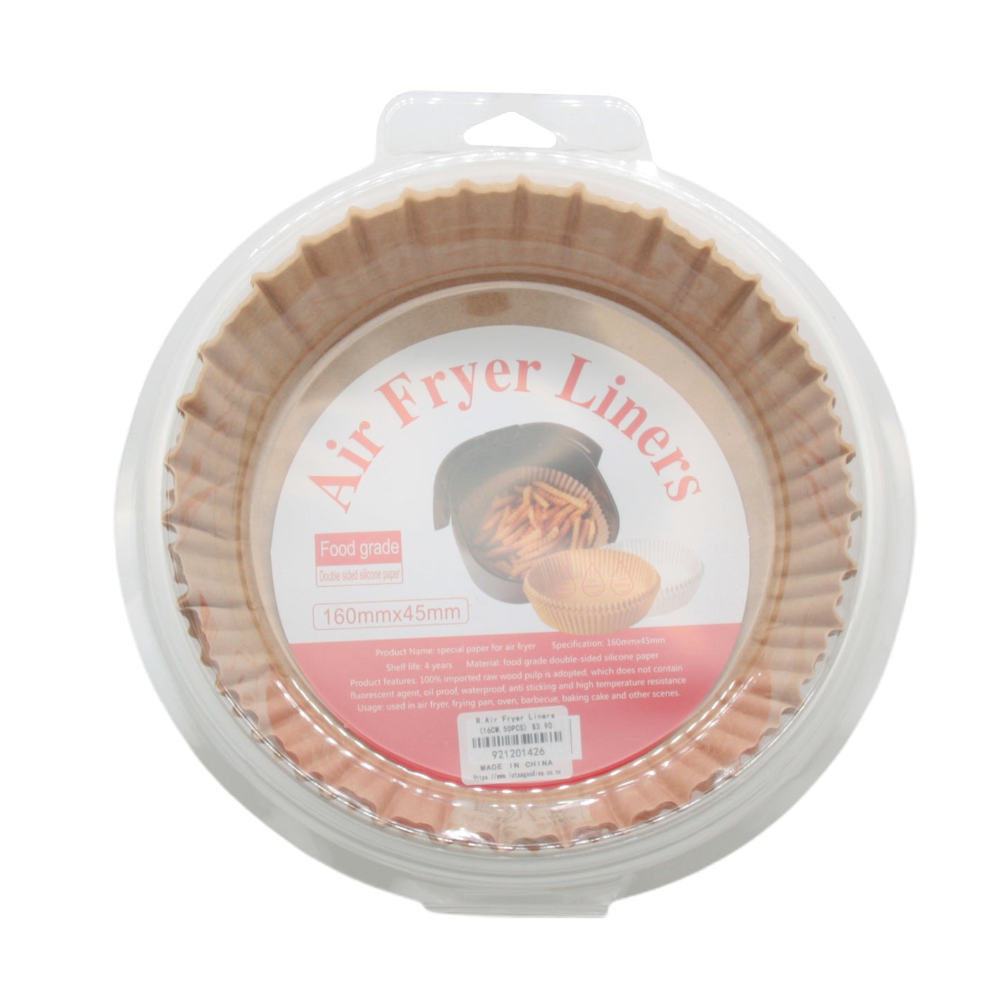 R.Air Fryer Liners(16CM,50PCS) in packaging, featuring food grade material and round design for easy cooking.