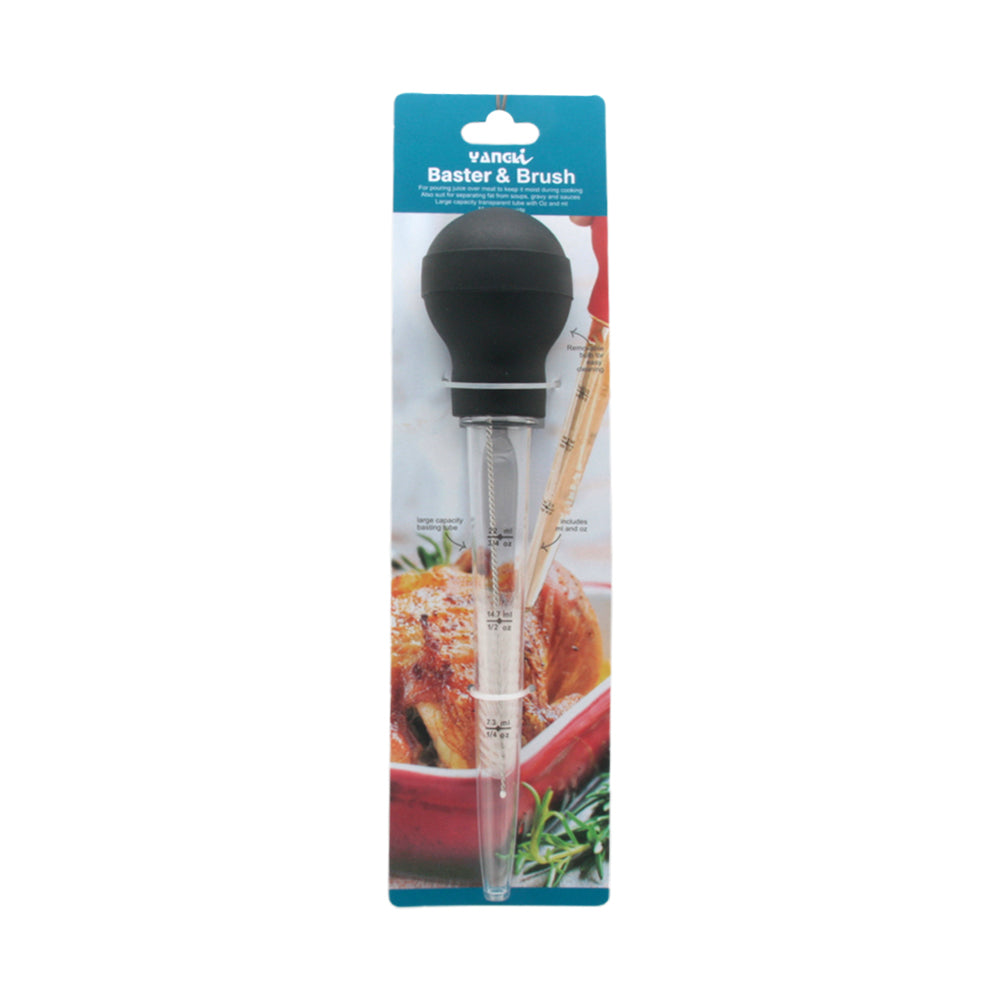 🍗 Baster with Cleaning Brush – 2-in-1 Set featuring a black baster and attached cleaning brush.