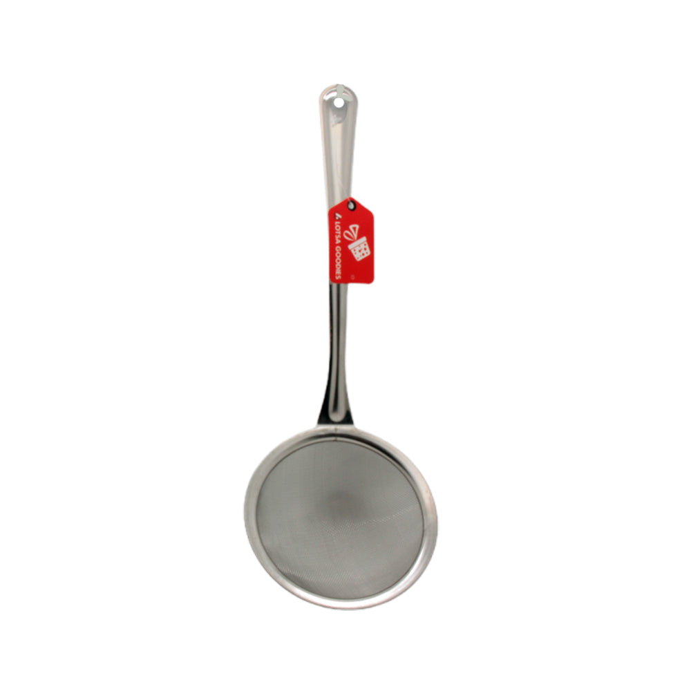 Strainer 10CM displayed with a shiny metal finish and a comfortable handle for easy use in the kitchen.