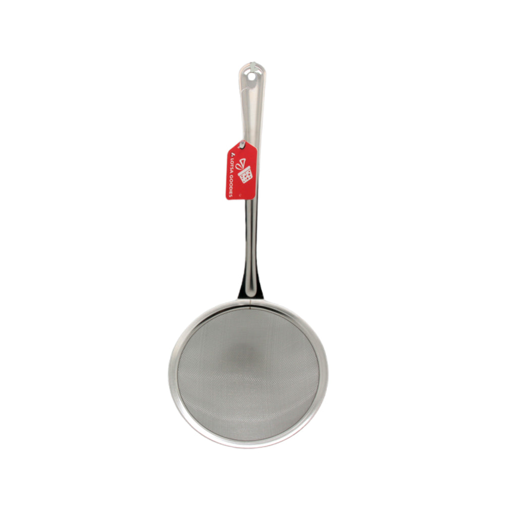Strainer 12CM with a stainless steel mesh and a long handle, ideal for straining liquids efficiently.