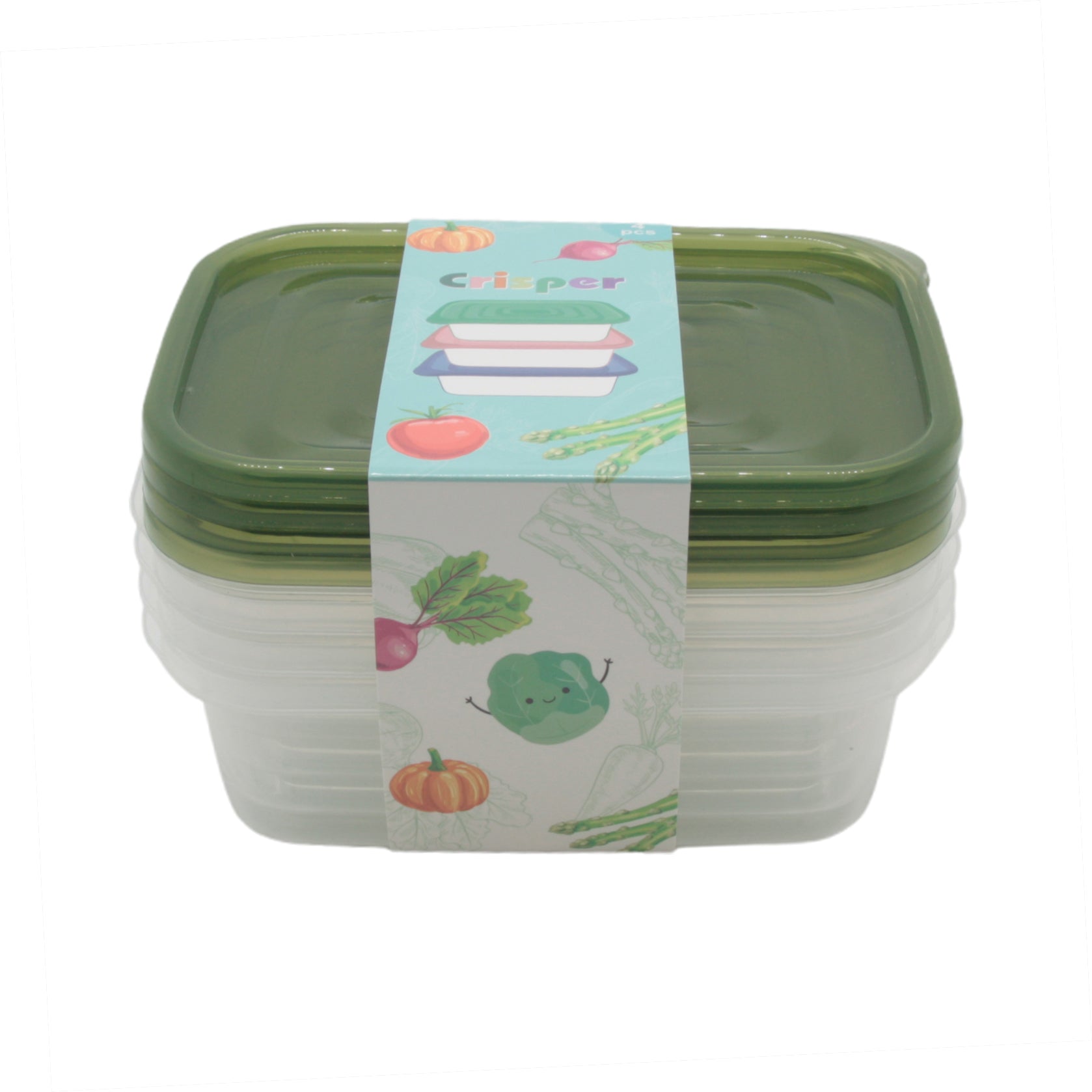 Reusable Plastic Storage Containers(4PCS/17.5*12.5*5.2CM) stacked with green lids and colorful band.