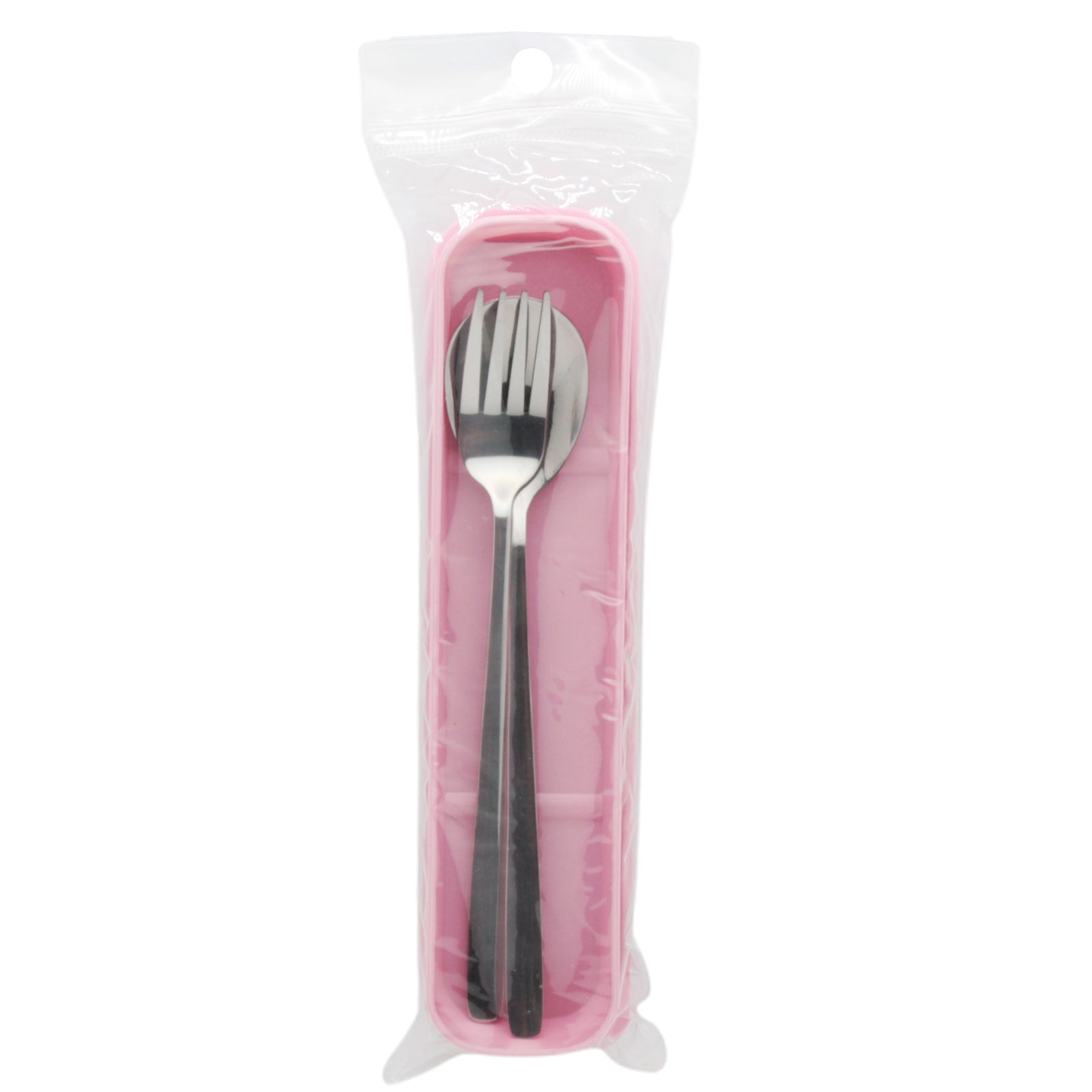 Stainless Steel Spoon & Fork Set with Case in pink packaging for easy storage and transport.