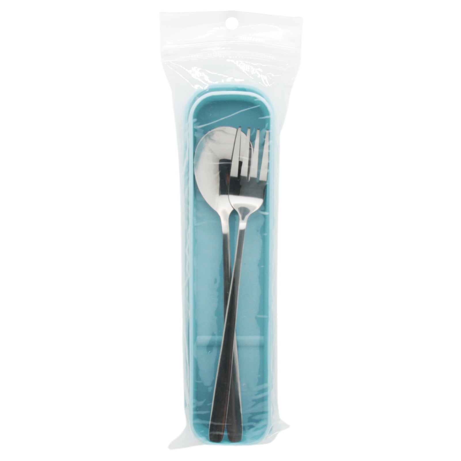 Stainless Steel Spoon & Fork Set with Case packaged in a clear plastic wrap for storage.