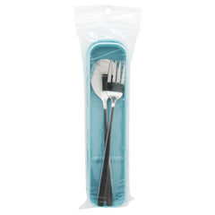 Stainless Steel Spoon & Fork Set with Case packaged in a clear plastic wrap for storage.