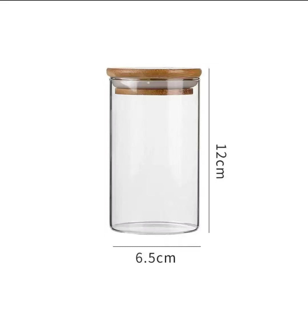 Glass Storage Jar with Wooden Lid(6.5*12CM) for organizing kitchen essentials and adding a stylish touch.