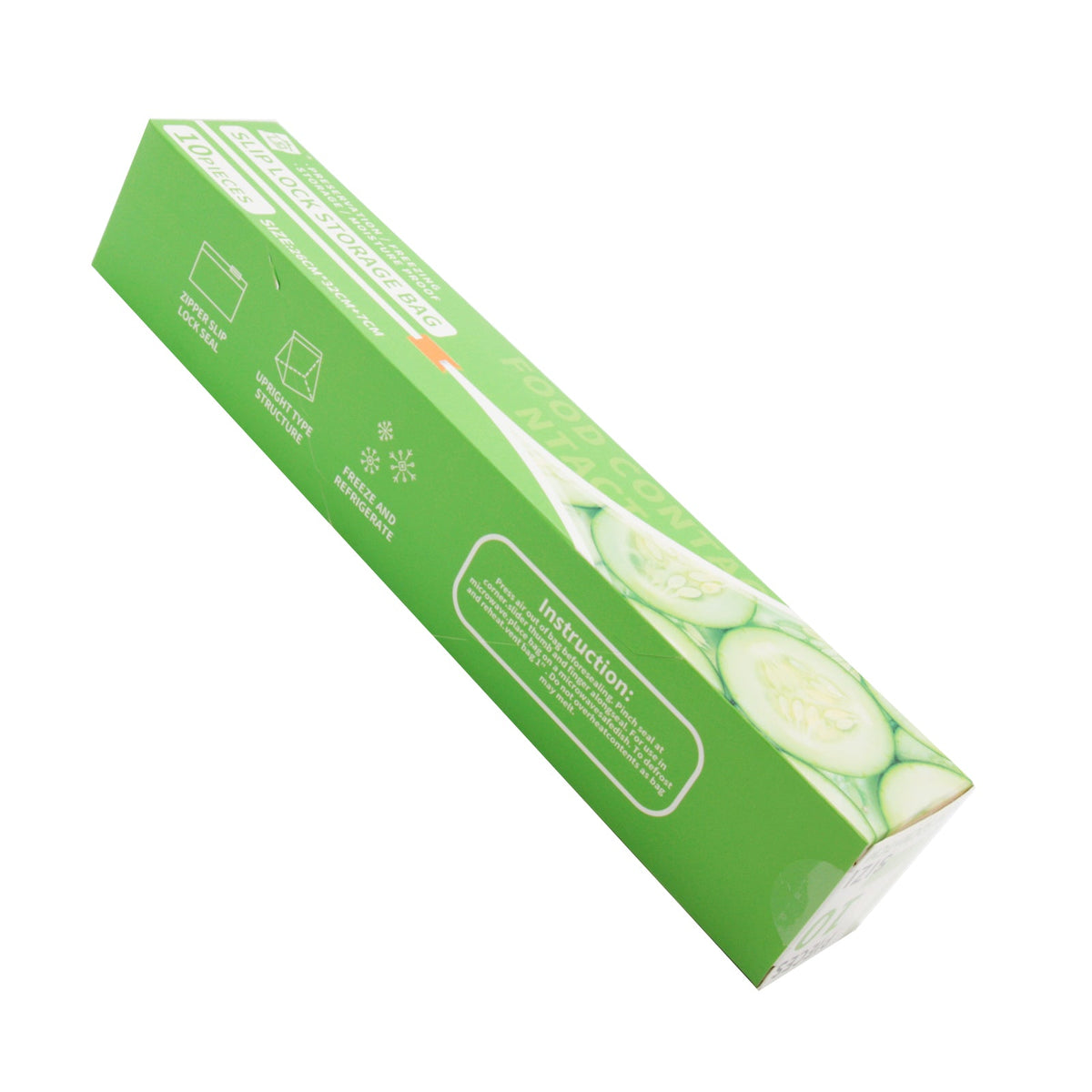 Slip Lock Storage Bag packaging with cucumber illustrations and product instructions on a green background.