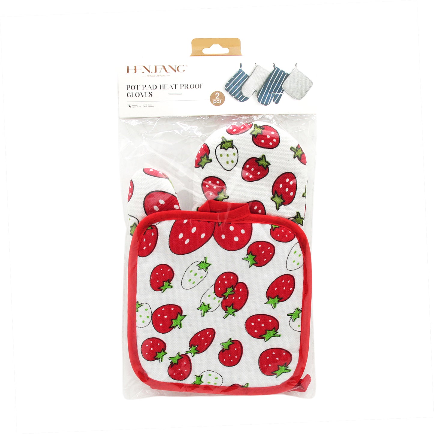 Pot Pad Glove Set featuring strawberry design, includes heatproof gloves and pot pad, perfect for kitchen use.