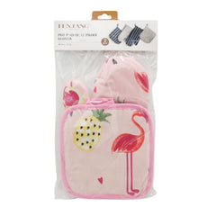 Pot Pad Glove Set featuring colorful flamingo and pineapple designs in a heat-proof protective packaging.