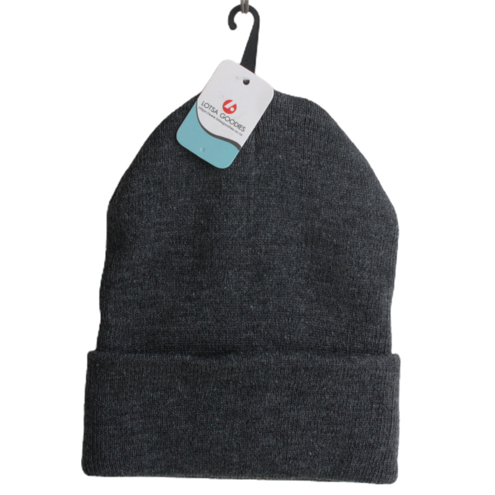 Solid Beanie – Warm Winter Hat | Lotsa Goodies NZ in dark grey color with tag attached.