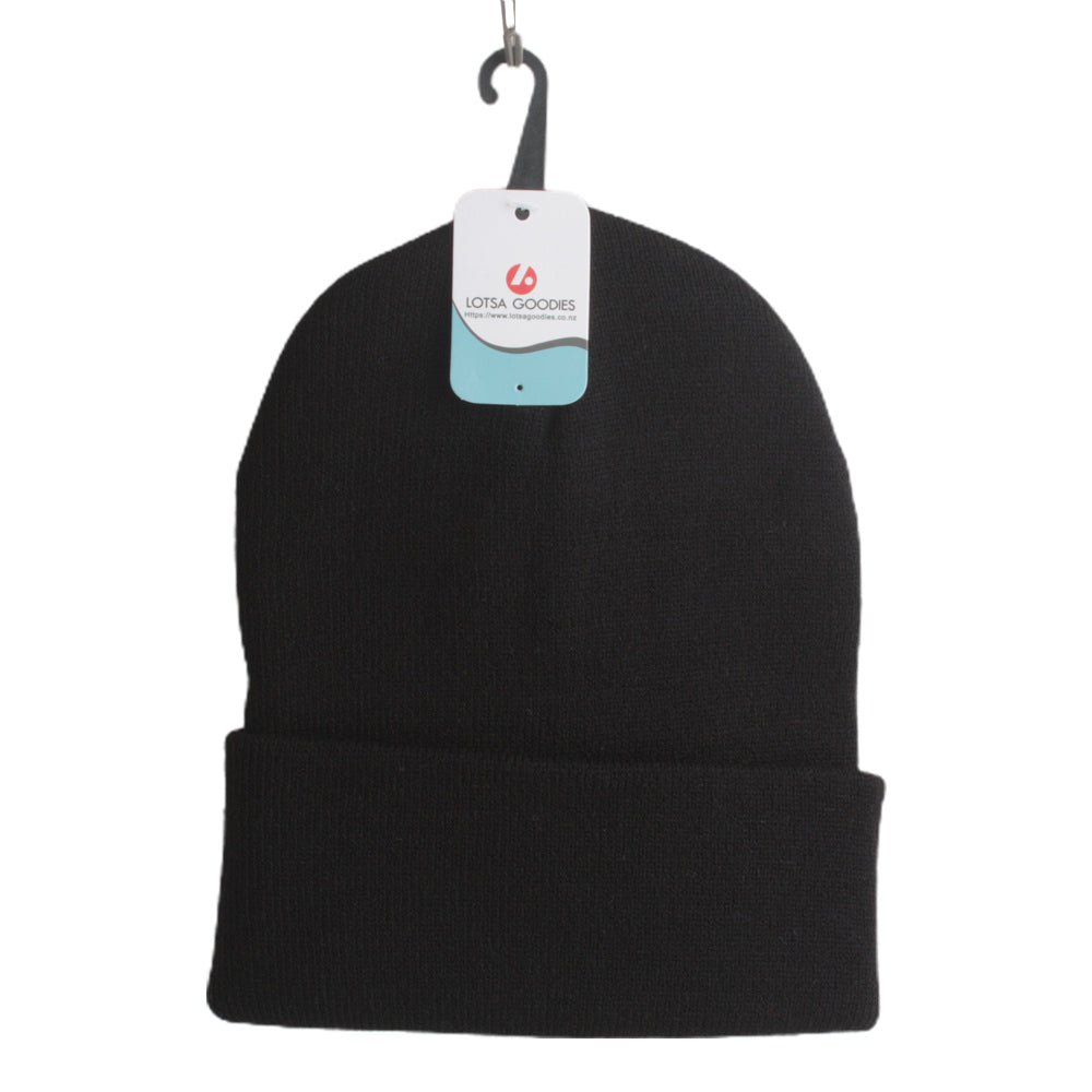 Solid Beanie – Warm Winter Hat | Lotsa Goodies NZ - Classic black beanie hanging tag.