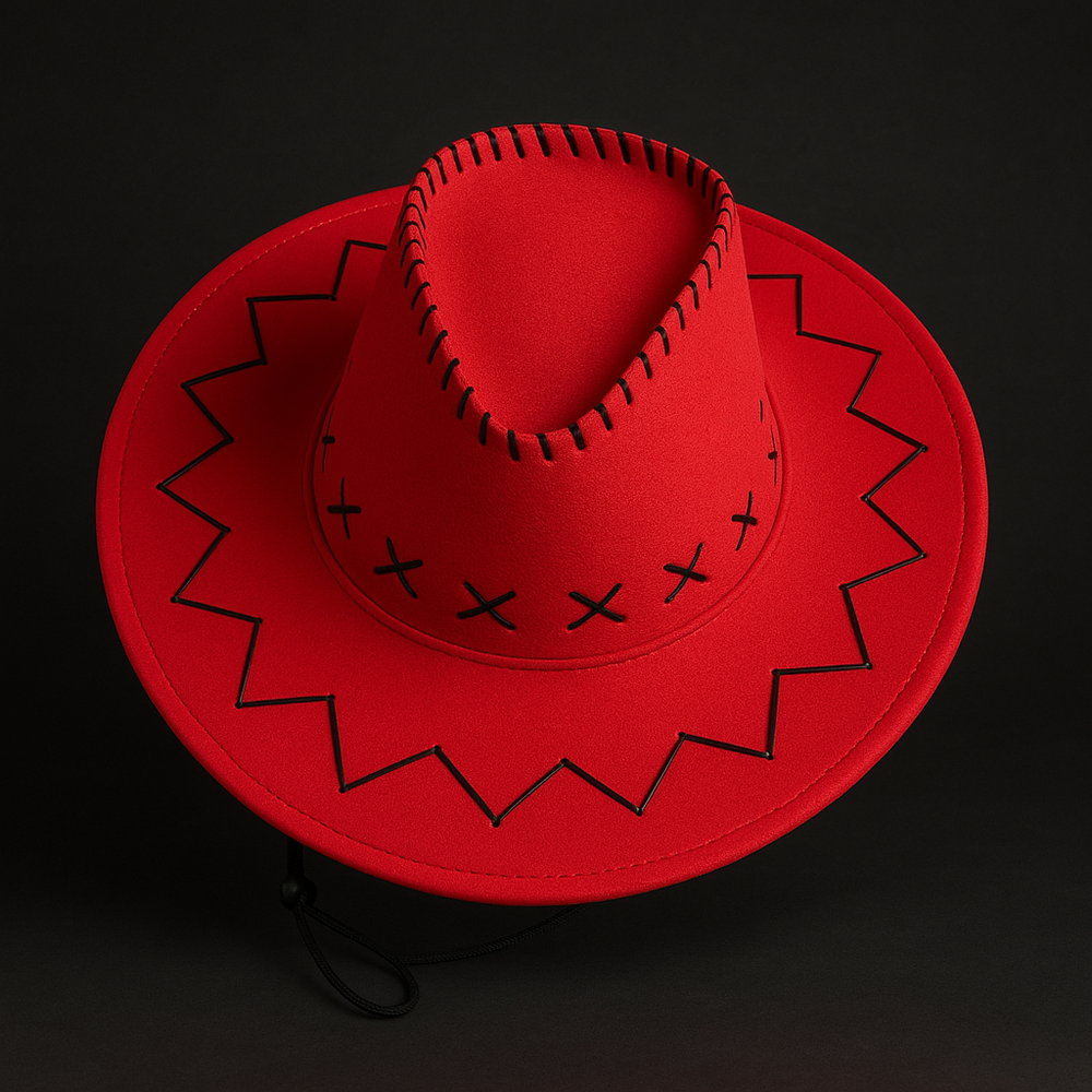 🧢 Western Stitch Cowboy Hat 🎯 Unisex | Festival Ready | Suede Look in vibrant red color with unique stitching details.