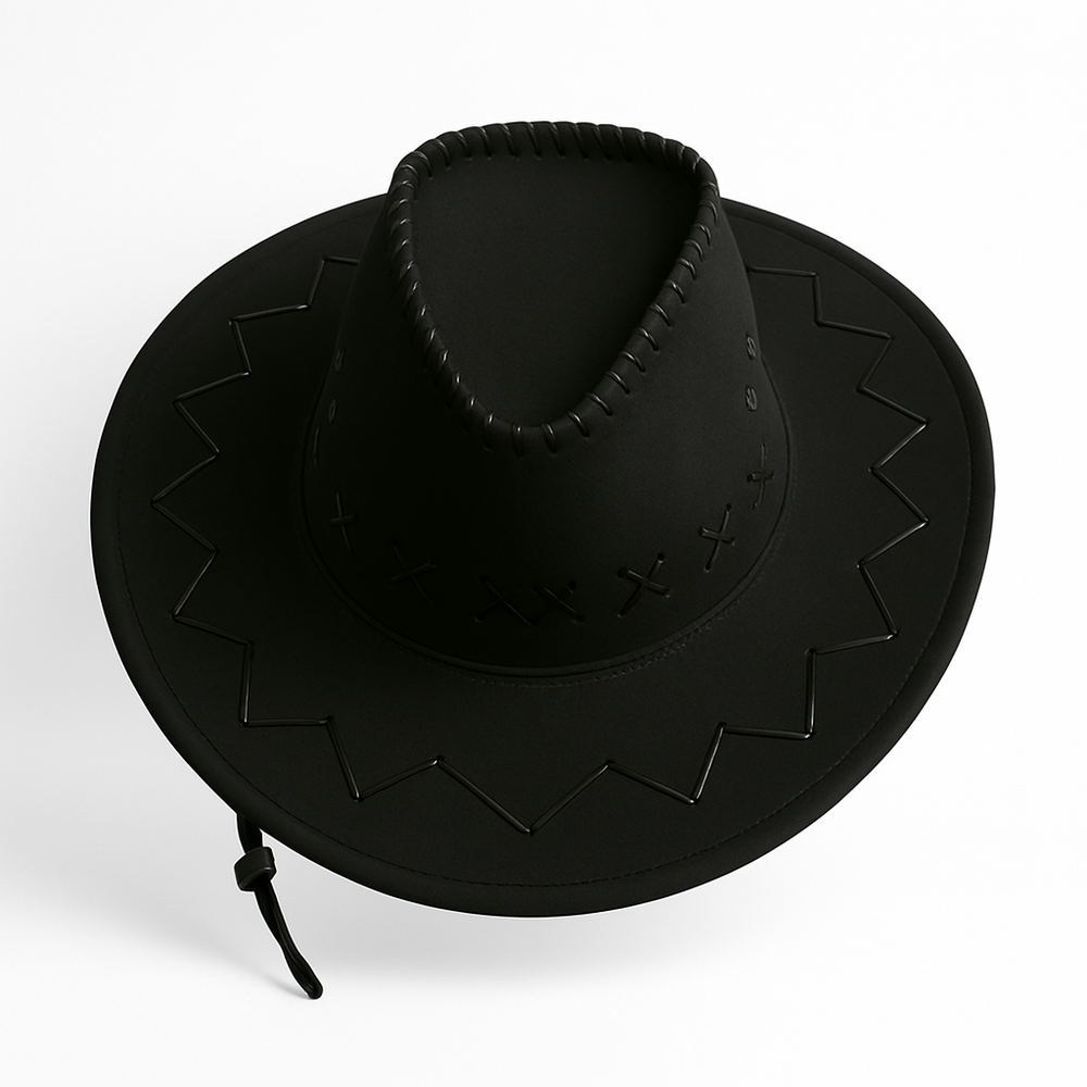 🧢 Western Stitch Cowboy Hat 🎯 Unisex | Festival Ready | Suede Look - stylish black cowboy hat with decorative stitching.