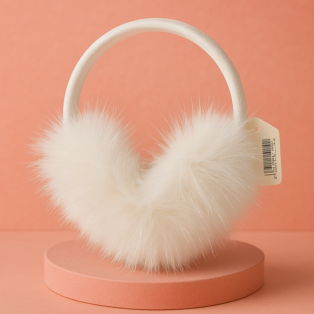 Winter Ear Muffs – Soft & Warm for Cold NZ Days with fluffy faux fur on display against a peach backdrop.