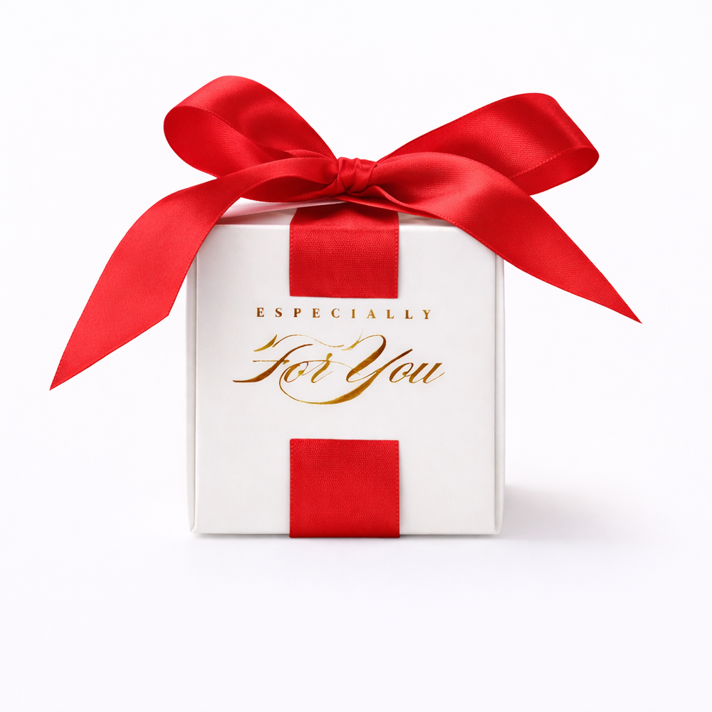 White gift box with a red ribbon and 'Especially For You' text on a white background

