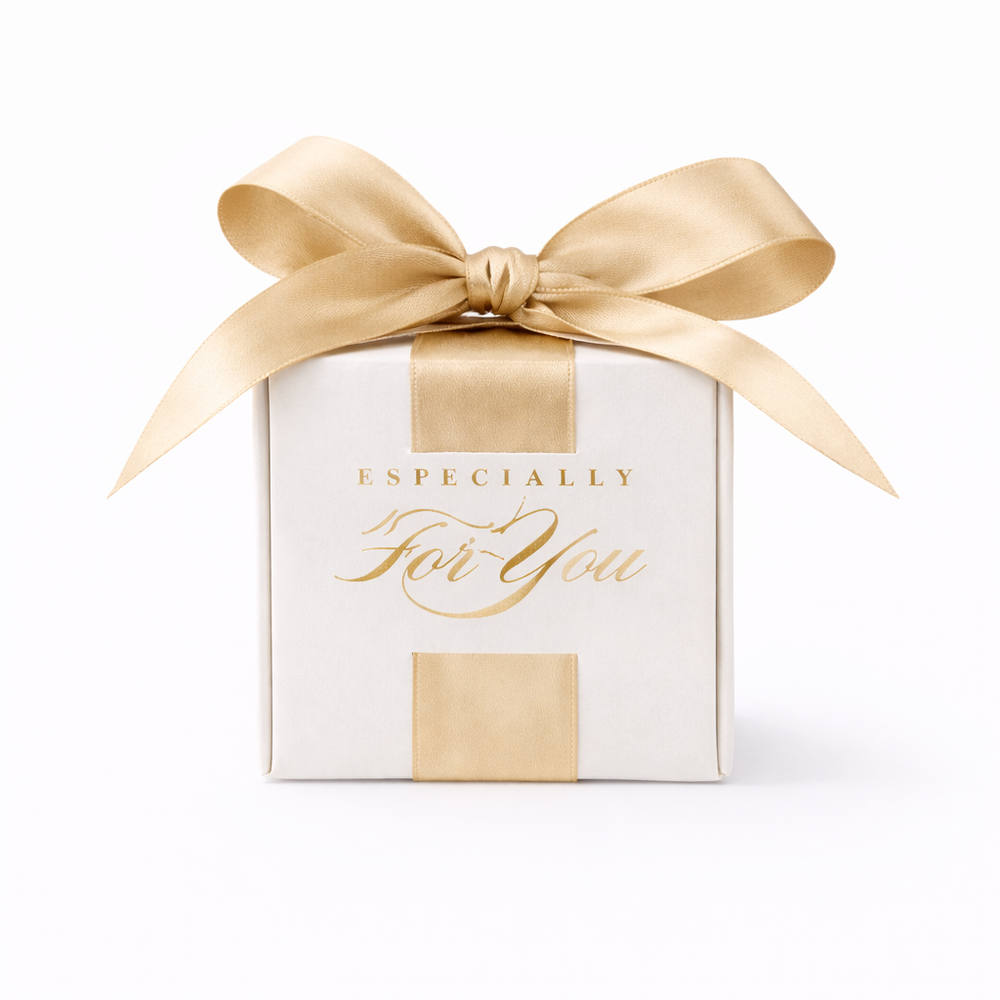 White gift box with a gold ribbon and 'Especially For You' text on a white background

