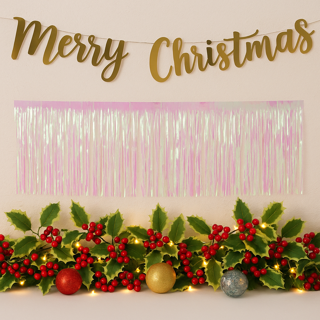 Merry Christmas Foil Letter Banner – Gold Script Garland hanging above festive decorations and holly.