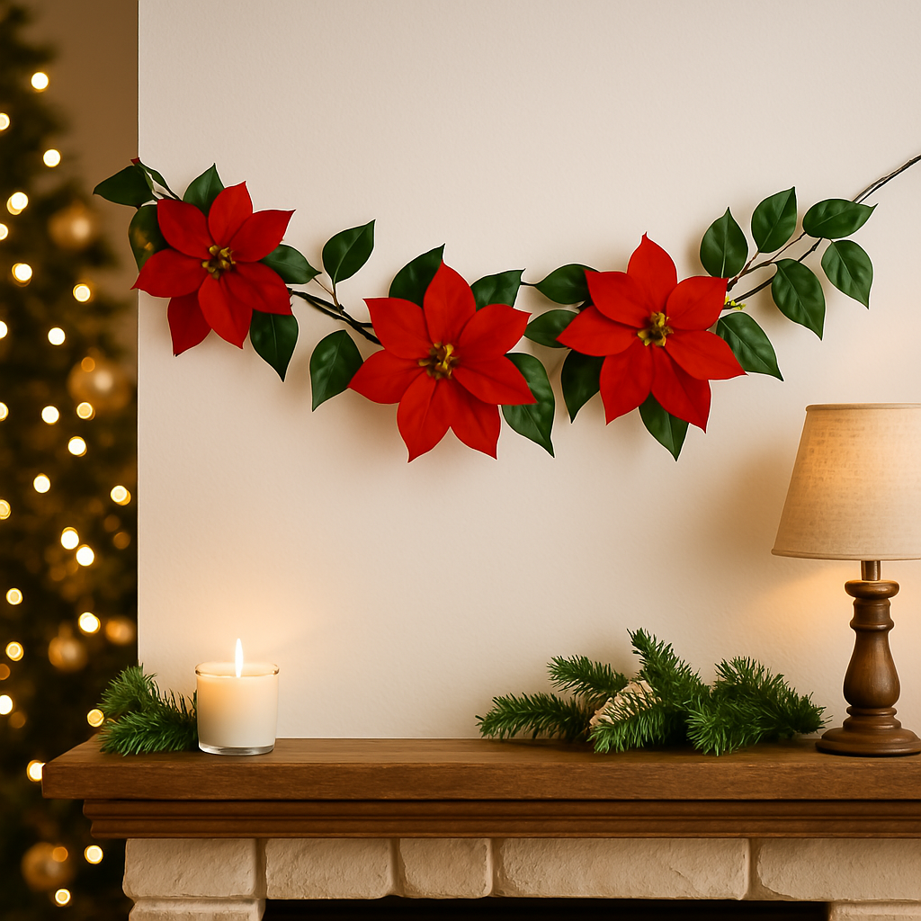 🎄 Christmas Flower Garland – Simple & Elegant displayed on a fireplace with festive decorations and warm lighting.