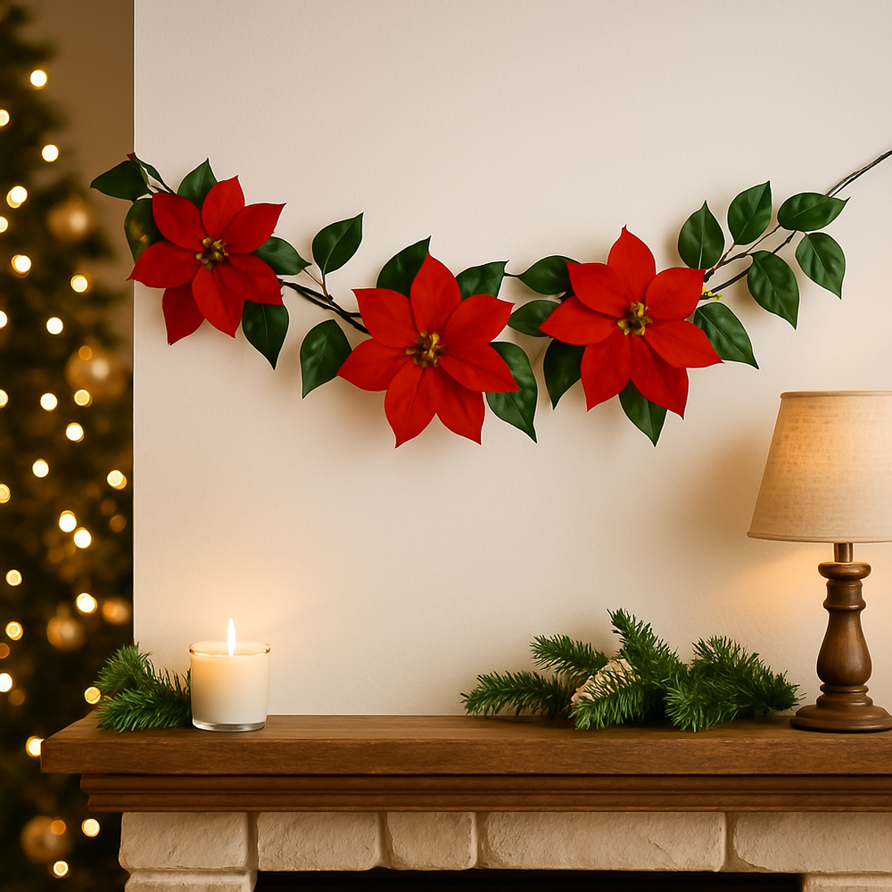 🎄 Christmas Flower Garland – Simple & Elegant displayed on a fireplace with festive decorations and warm lighting.
