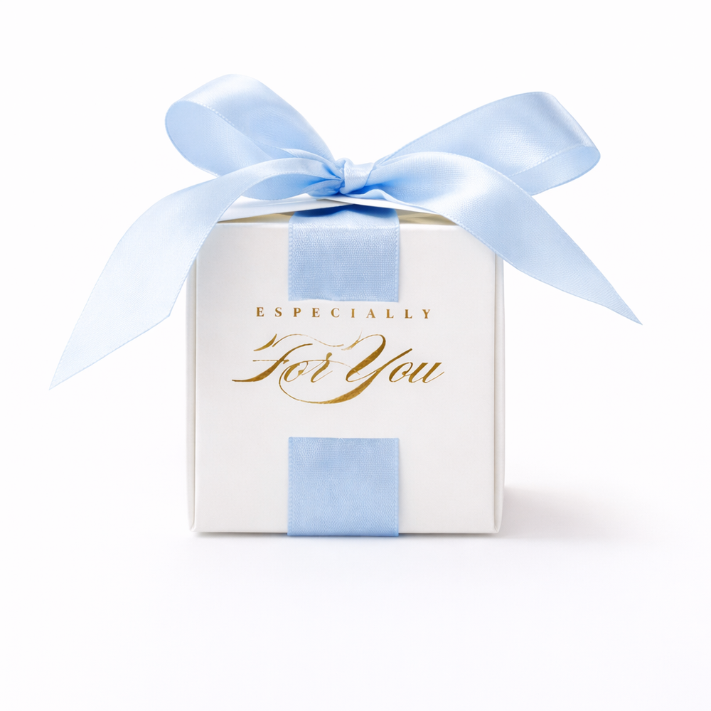 White gift box with a blue ribbon and 'Especially For You' text on a white background

