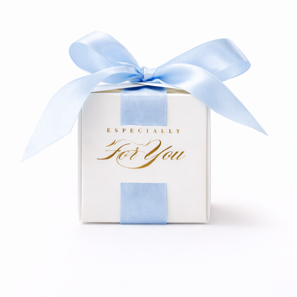 White gift box with a blue ribbon and 'Especially For You' text on a white background

