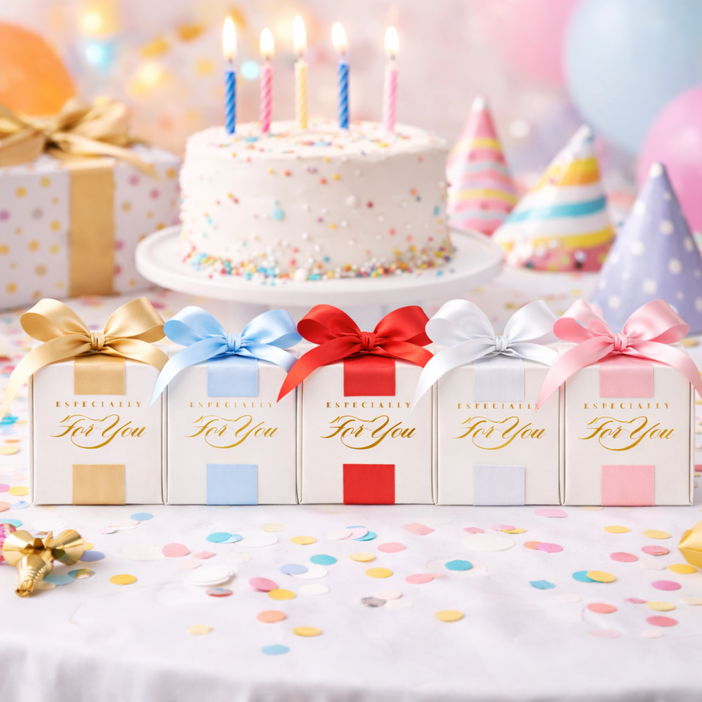 Five gift boxes with colorful ribbons in front of a birthday cake with lit candles.

