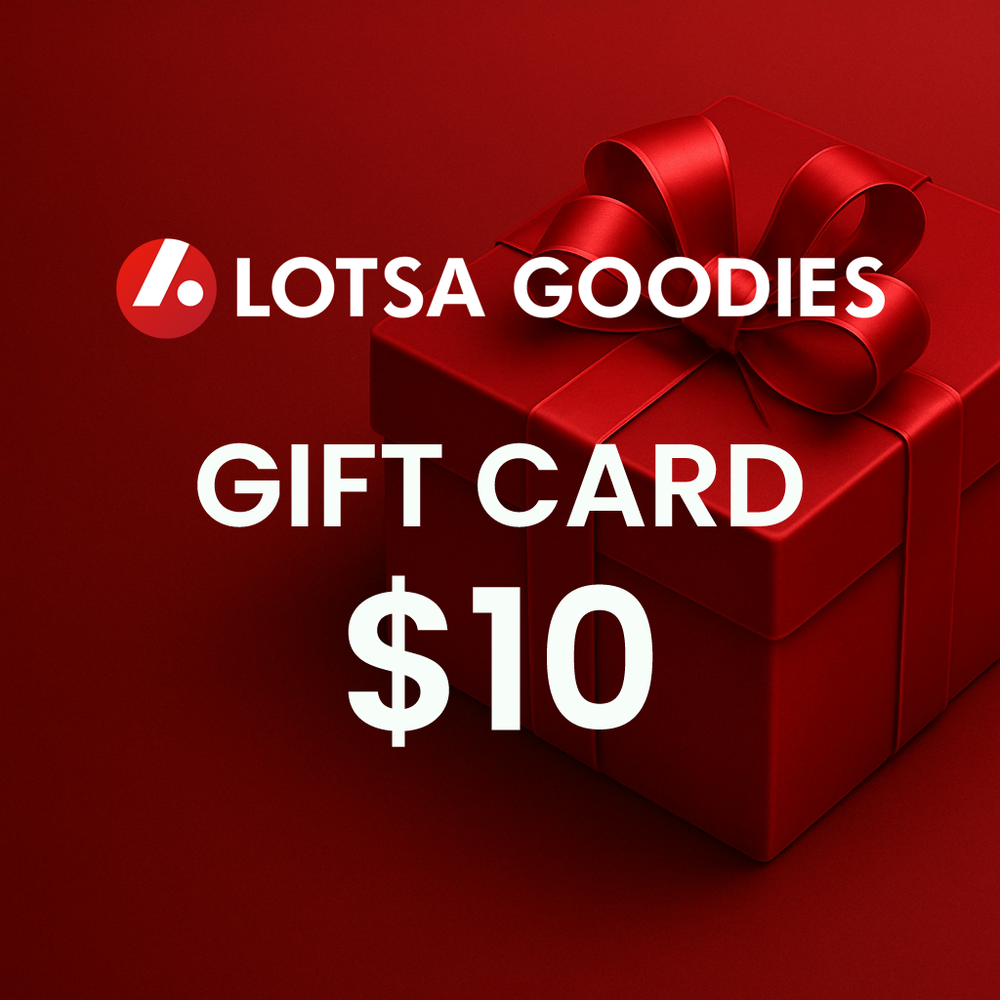 Lotsa Goodies Gift Card with a $10 value in a red gift box with a bow on a matching red background.